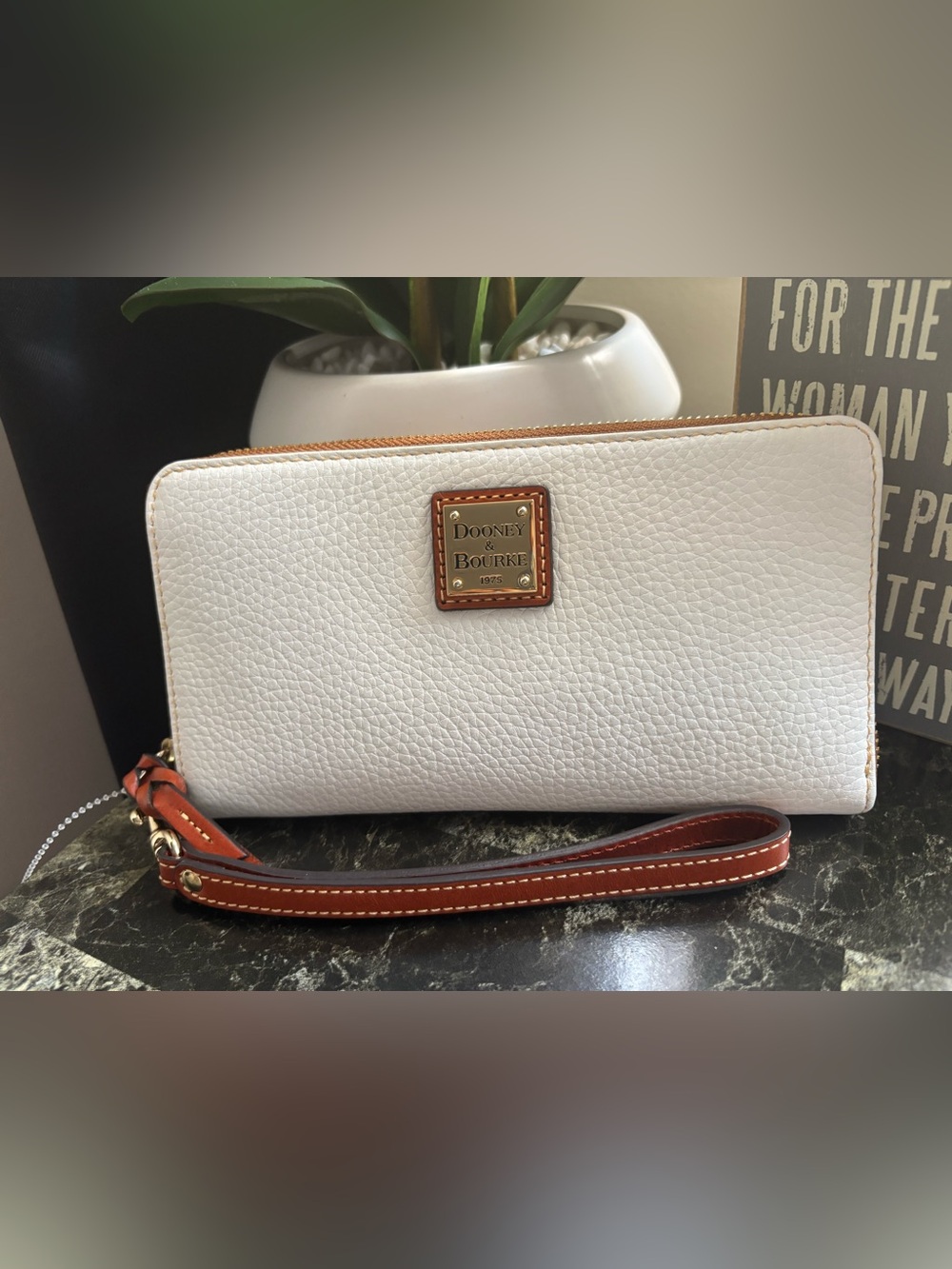 Dooney & Bourke White Pebble Leather Zip Wristlet with Tan Trim